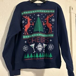 Jerzees Navy Blue Festive Sweater with Reindeer and Tree